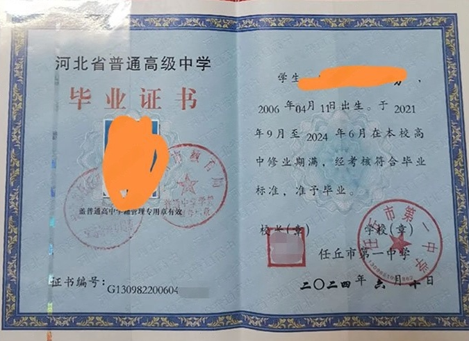 中堂任丘市第一中学高中毕业证样本图片
